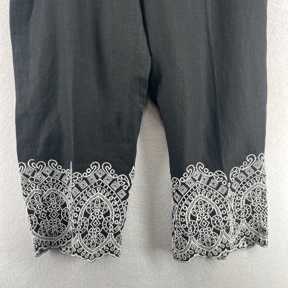 CHICOS Pants 2.5 14 Linen Crop Straight Leg Eyelet Hem Elastic Waist Black NEW - Picture 7 of 16